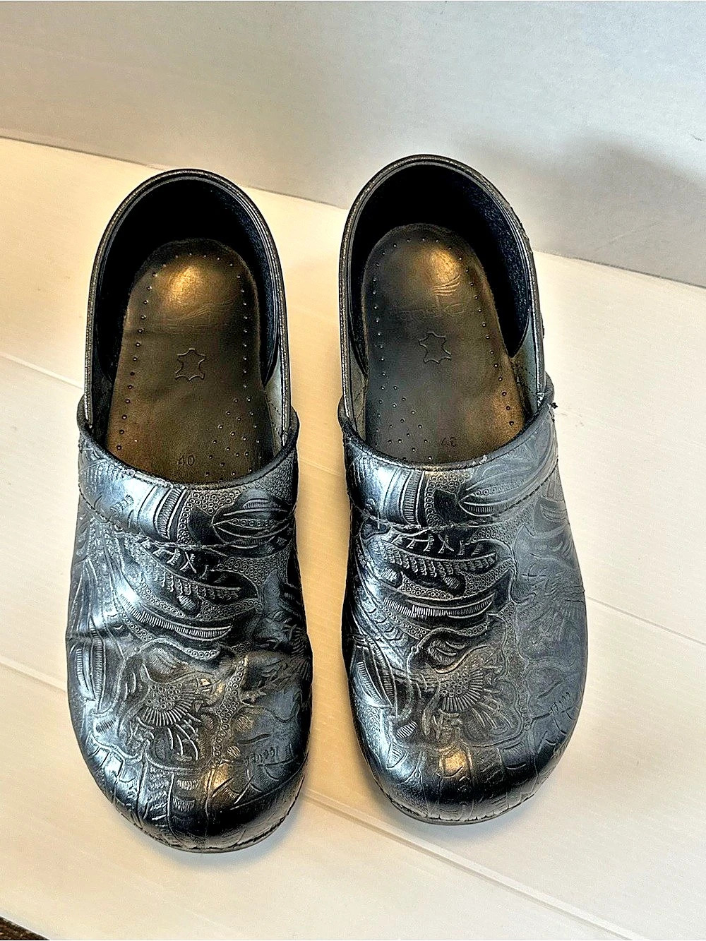 Dansko Professional Clog in Black Floral Tooled Black Floral Tooled Leather